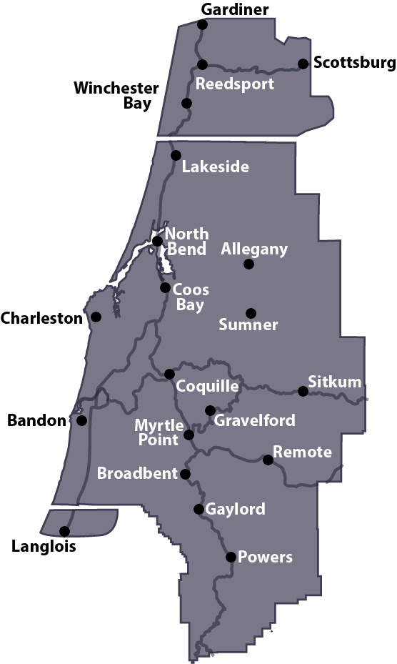 A map of our service area. We provide services as far north as Gardiner, East to Scottsburg and south to Langlois.
